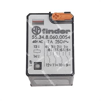 رله شیشه ای 4 کنتاکت فیندر پایه سوکتی 60 ولت ای سی 7 آمپر 14 پایه FINDER 55.34.8.060.0054 